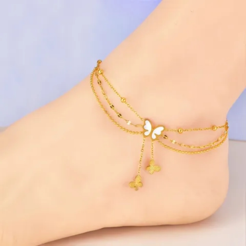Gold & Mother Of Pearl Layered Butterfly Anklet - Picture 12 of 14